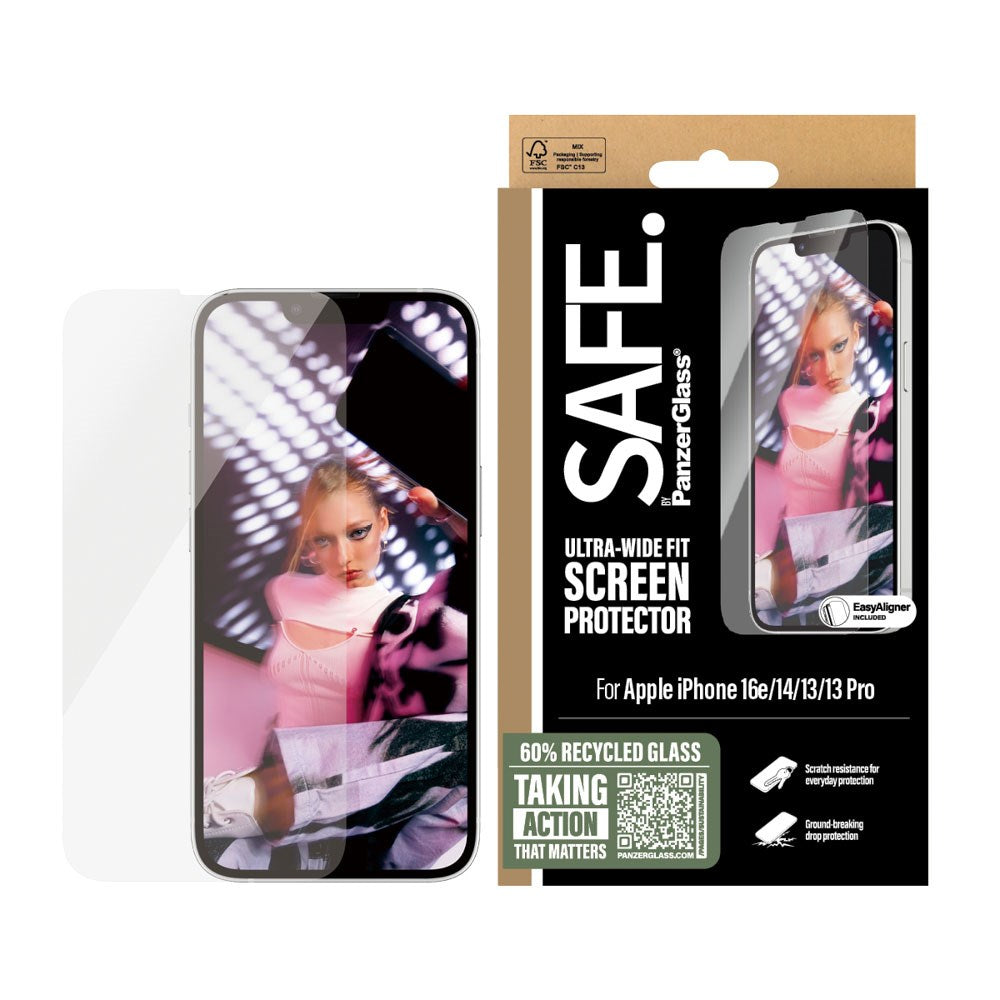 SAFE by PanzerGlass iPhone 17e / 16e / 14 / 13 / 13 Pro Ultra-Wide Fit Skjermbeskyttelsesglass med EasyAligner - Gjennomsiktig