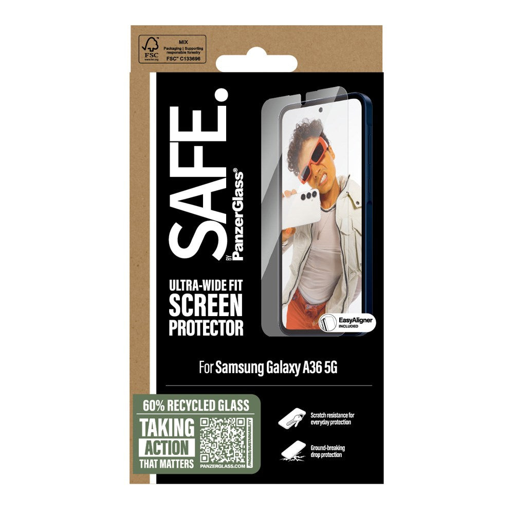 SAFE by PanzerGlass Samsung Galaxy A36 (5G) Ultra-Wide Fit Skjermbeskyttelsesglass med EasyAligner - Gjennomsiktig