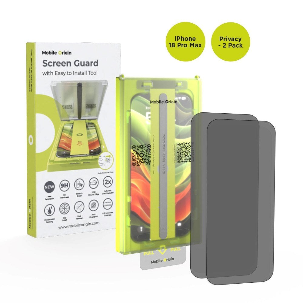 iPhone 18 Pro Max Mobile Origin Screen Guard Privacy Skjermbeskytterglass med Easy Applicator - 2 Stk. - Gjennomsiktig