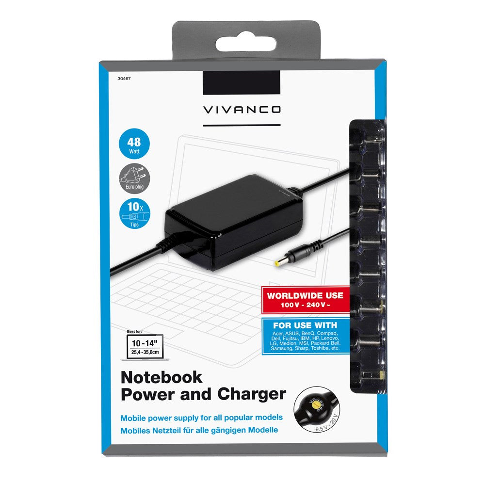 Vivanco Laptop-Lader 45W med 10 Adaptere - Svart