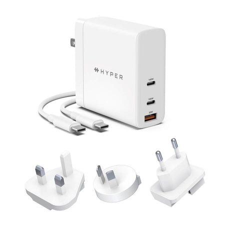 Hyper 140W GaN Vegglader med 2 x USB-C, 1 x USB-A og Reiseadaptere - Hvit