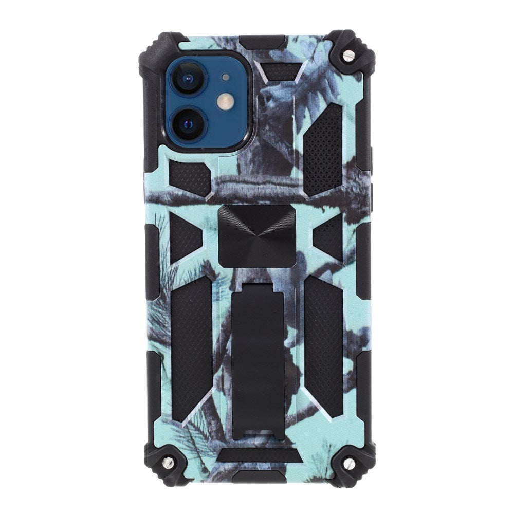EIDERWOOD iPhone 12 Mini Kamuflasje Shock-Proof Deksel med Stativ - Turkis / Svart