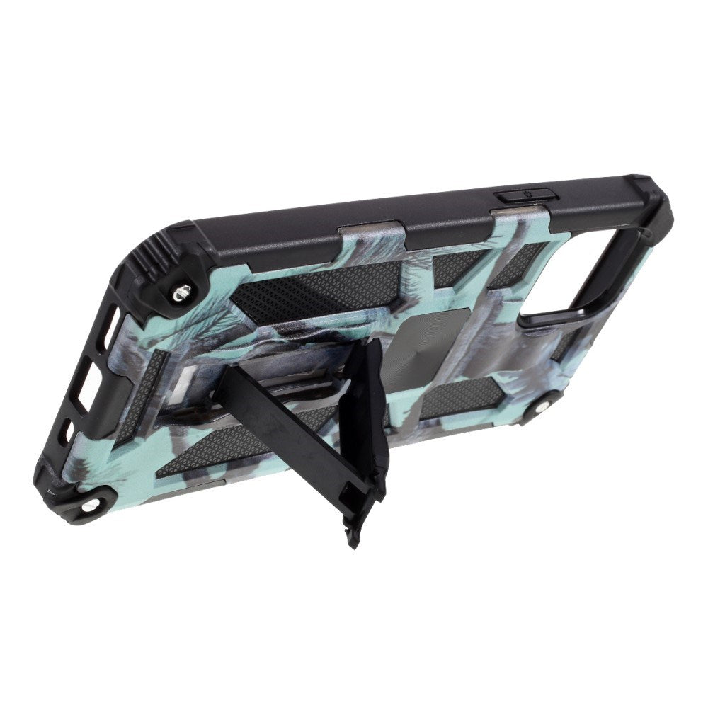 EIDERWOOD iPhone 12 Mini Kamuflasje Shock-Proof Deksel med Stativ - Turkis / Svart