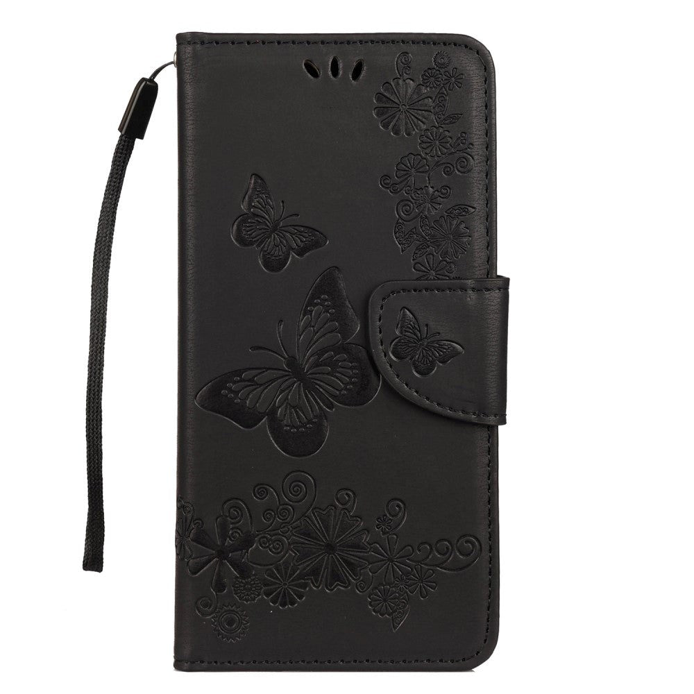 Samsung Galaxy A30s / A50 Skinn Deksel m. Lommebok Blomster og Sommerfugle - Svart