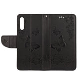 Samsung Galaxy A30s / A50 Skinn Deksel m. Lommebok Blomster og Sommerfugle - Svart