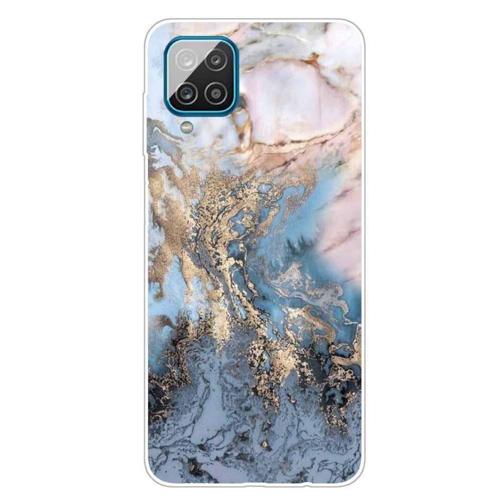 EIDERWOOD Samsung Galaxy A12 Fleksibelt Plast Deksel m. Marmor Mønster - Blå / Gull