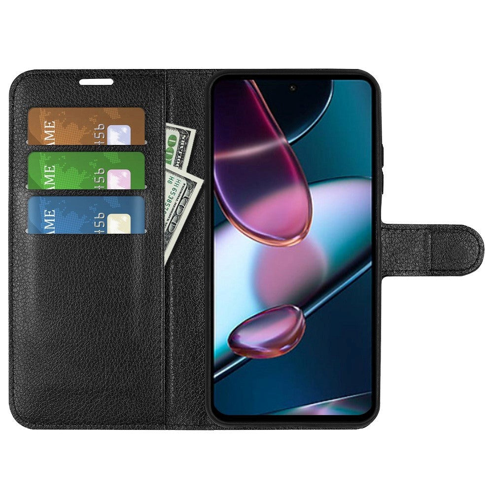 Motorola Edge 30 PU Litchi Skinn Flip Deksel med Lommebok og Stativfunksjon - Svart