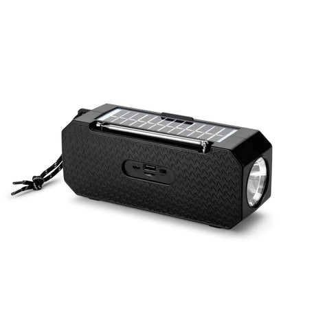 Denver Trådløs Bluetooth Høyttaler med FM-Radio & Lommelykt - Solcelledrevet - Svart