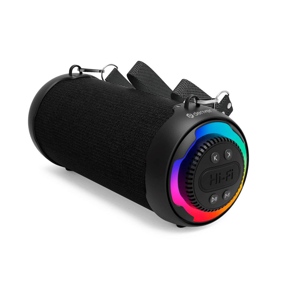 Denver Bærbar Trådløs Bluetooth Høyttaler med Lys & Skulderstropp - Svart