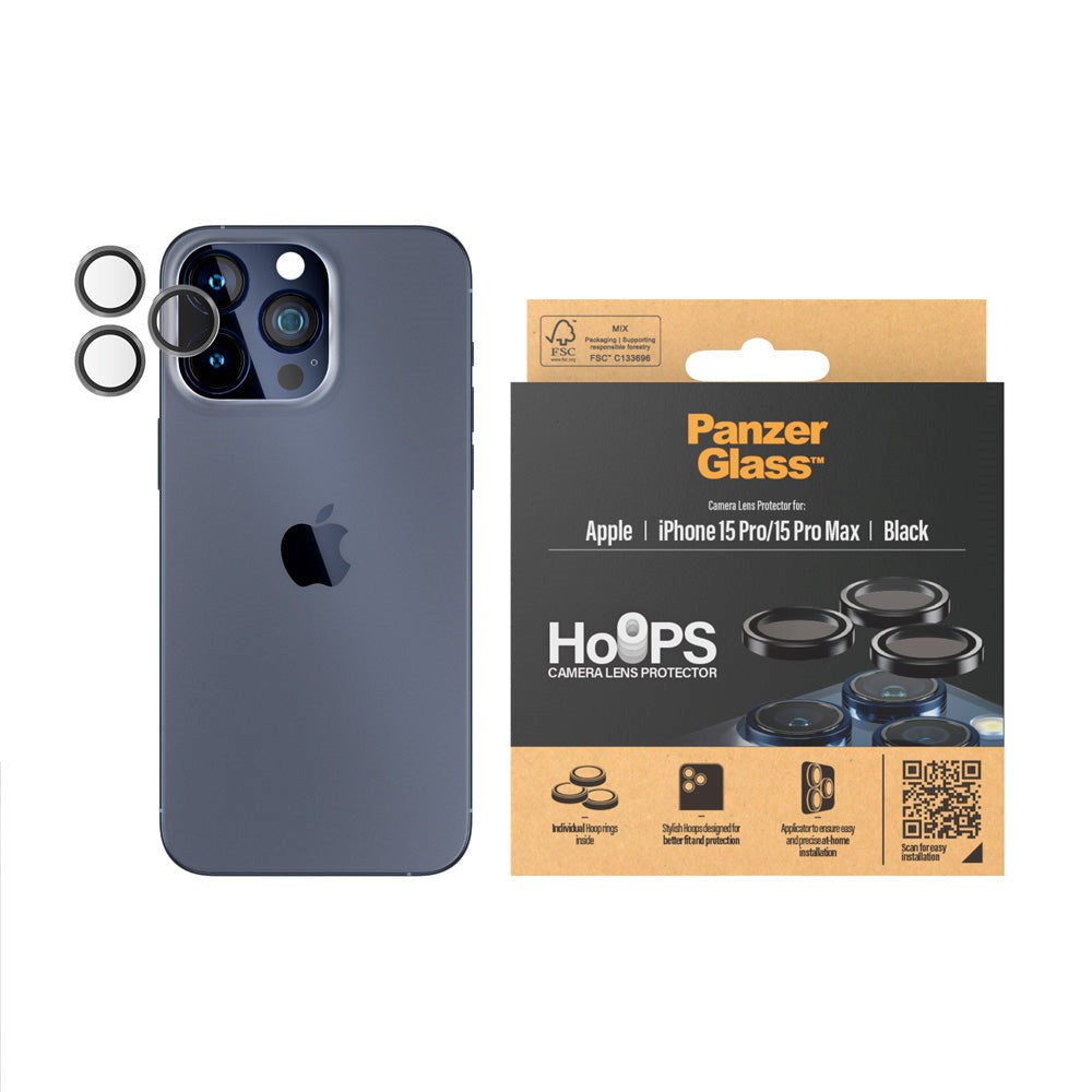 iPhone 15 Pro / 15 Pro Max PanzerGlass Hoops - Kamerabeskyttelse - Gjennomsiktig / Svart