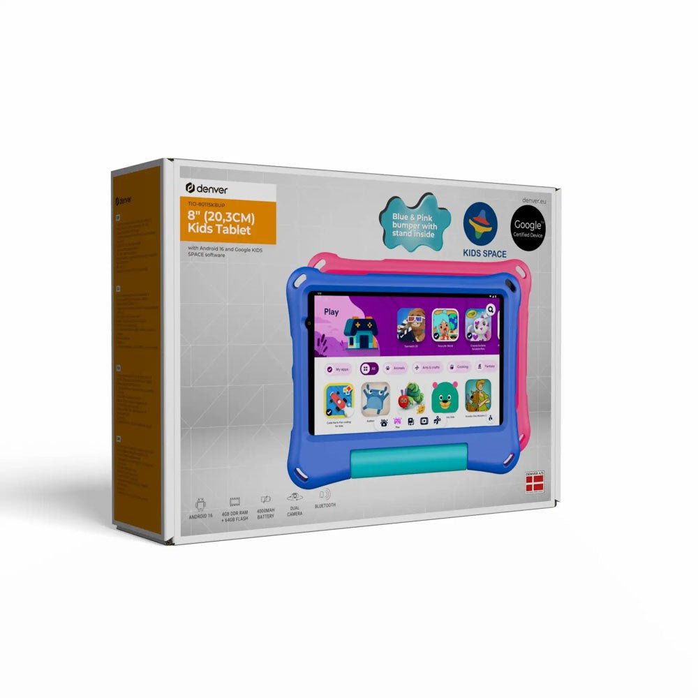 Denver TIO-80115KBUP Barnas Nettbrett 8" med Android 16 - inkl. 2 x Barnedeksel - 4 RAM & 64 GB - 4000 mAh - Grå / Rosa / Blå