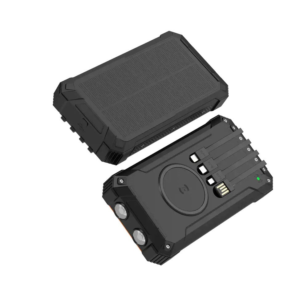 Denver PSC-20012 Solcelle PowerBank m. Innebygd Kabel, Trådløs Lading & Lommelykt - 20.000 mAh - Svart