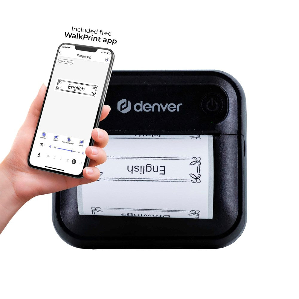 Denver MBP-32B Bluetooth Termisk Skriver - inkl. 1 x Rull med Skriverpapir 1 x Rull med Klistremerkepapir - Svart
