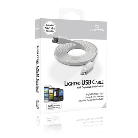 Naztech Micro-USB kabel med Lys 1.8m - Hvit