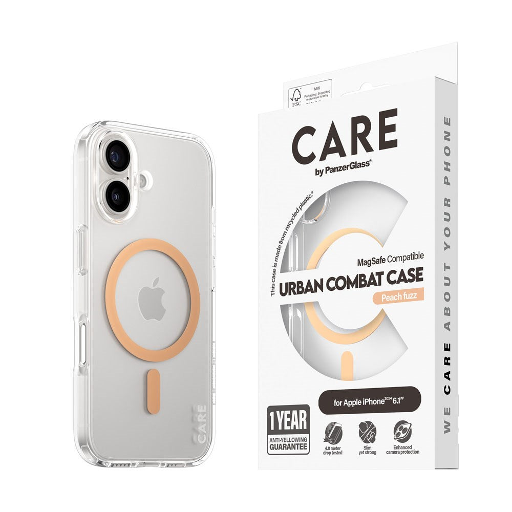 CARE by PanzerGlass iPhone 16 FLAGSHIP Urban Combat-deksel - MagSafe Kompatibel - Transparent / Peach Fuzz