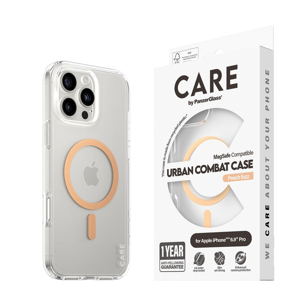 CARE by PanzerGlass iPhone 16 Pro Max FLAGSHIP Urban Combat-deksel - MagSafe Kompatibel - Transparent / Peach Fuzz