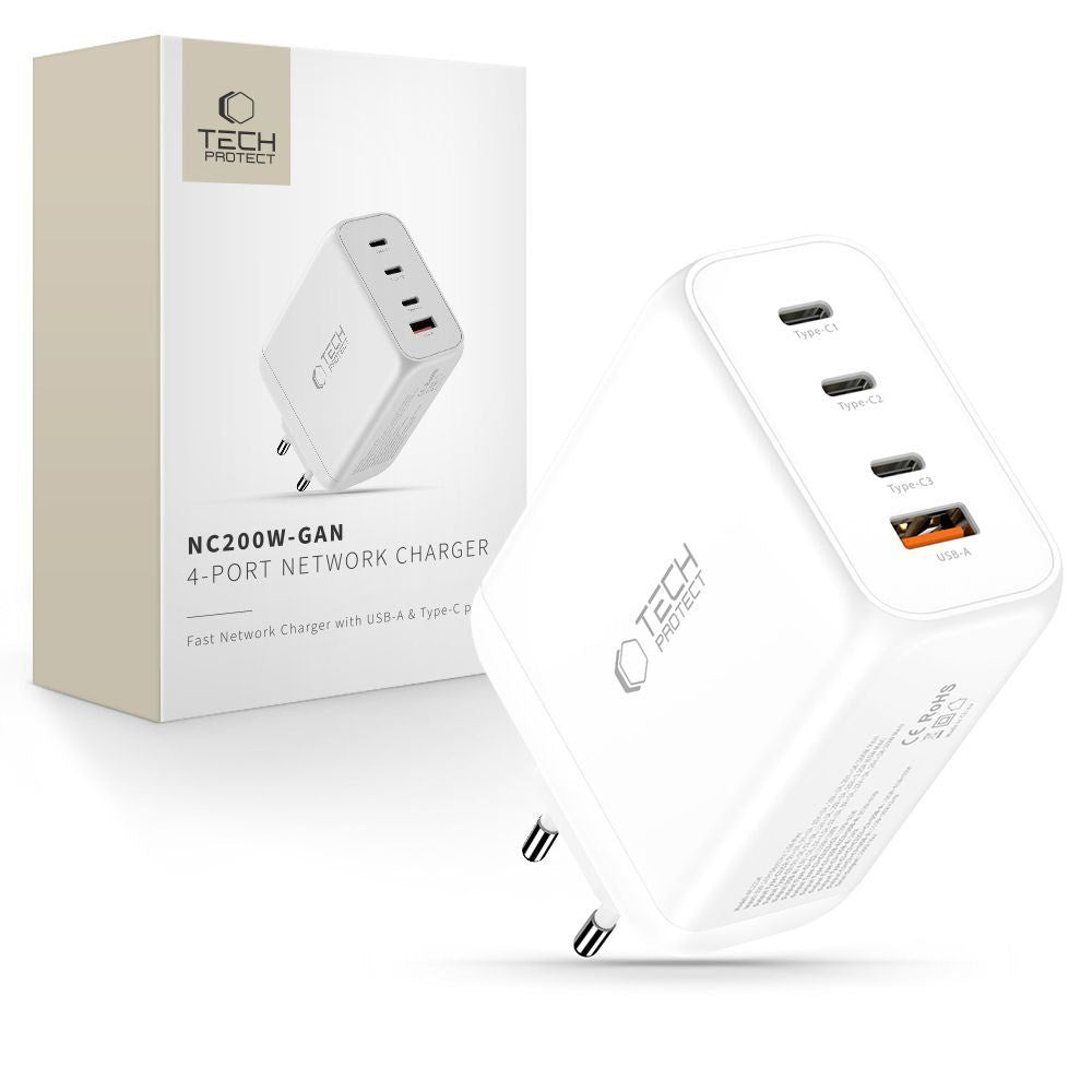 Tech-Protect 200W Vegglader m. 3x USB-C & 1x USB-A - Hvit