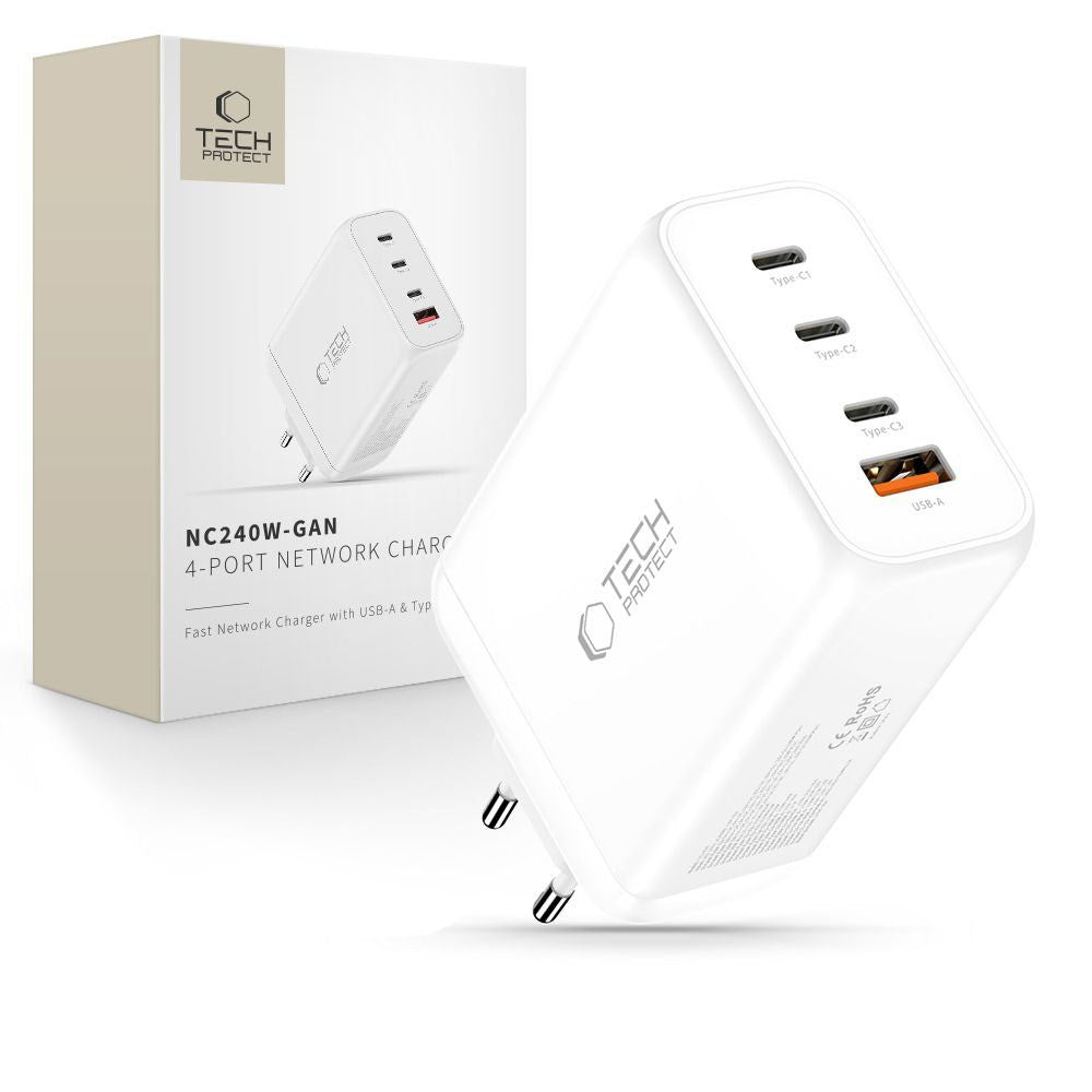 Tech-Protect 240W Vegglader m. 3x USB-C & 1x USB-A - Hvit