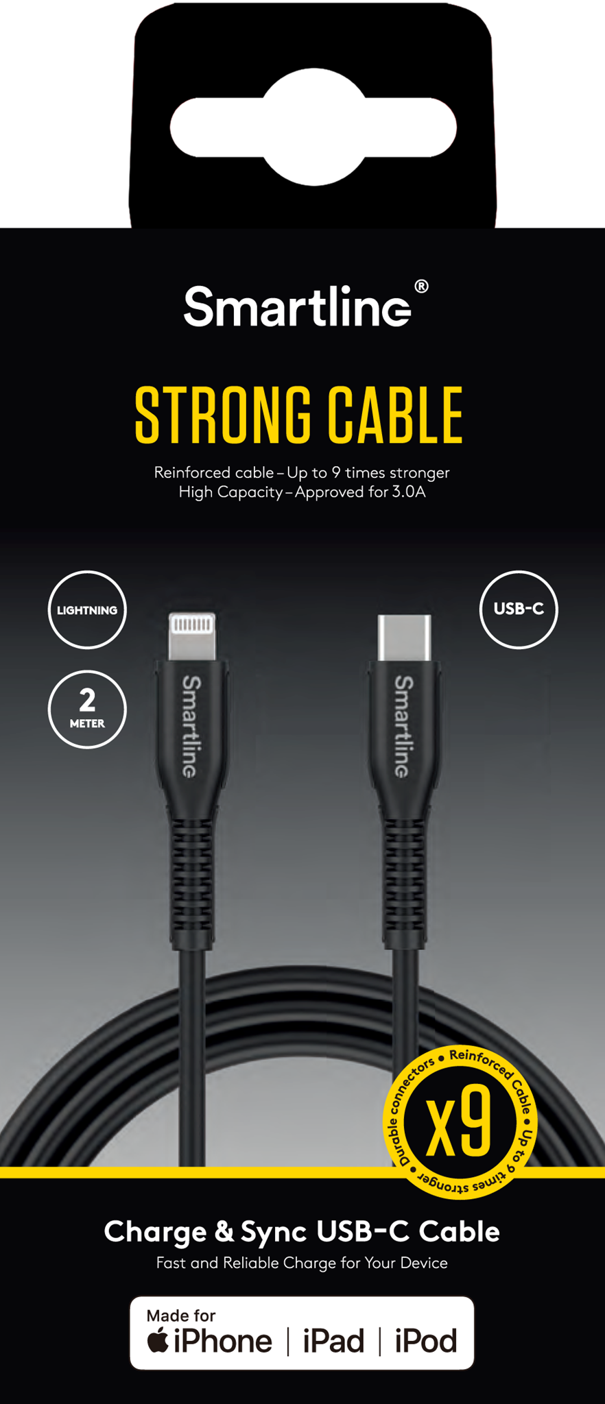Smartline Strong 27W USB-C til Lightning-Kabel 2 Meter - Svart