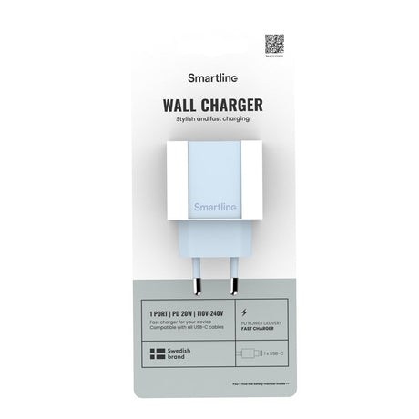 Smartline 20W Vegglader m. 1 x USB-C – Lyseblå