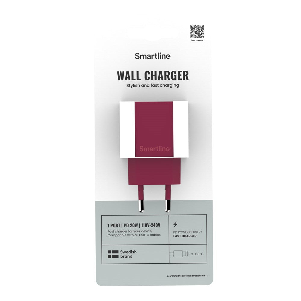 Smartline 20W Vegglader m. 1 x USB-C – Mørkerød