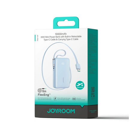 Joyroom JR-PR2 35W PowerBank m. Uttrekkbart USB-C Kabel & Innebygd USB-C Kabel - 10.000 mAh - Lyseblå