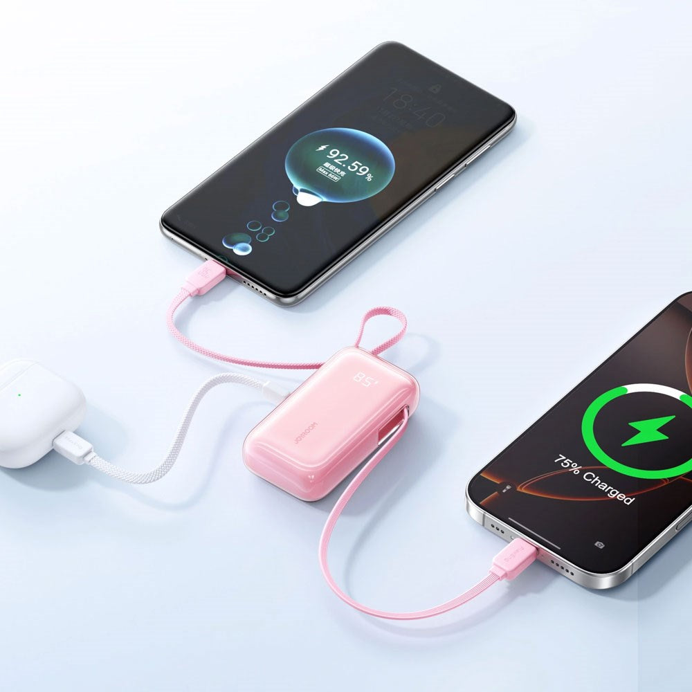 Joyroom JR-PR2L 35W PowerBank m. Uttrekkbart USB-C Kabel & Innebygd Lightning Kabel - 10.000 mAh - Rosa