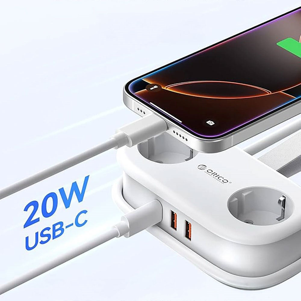ORICO 20W 5-i-1 Strømskinne med 2 x Schuko 2 x USB-A 1 x USB-C - Hvit
