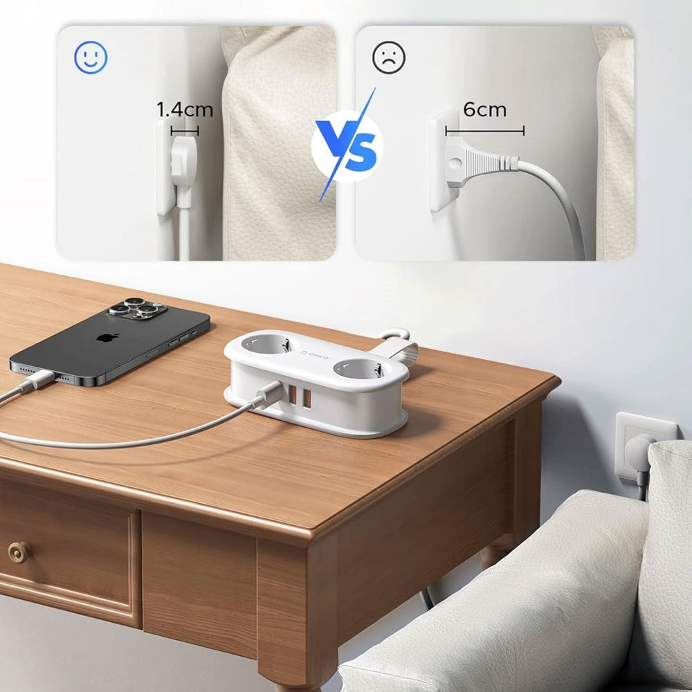 ORICO 20W 5-i-1 Strømskinne med 2 x Schuko 2 x USB-A 1 x USB-C - Hvit
