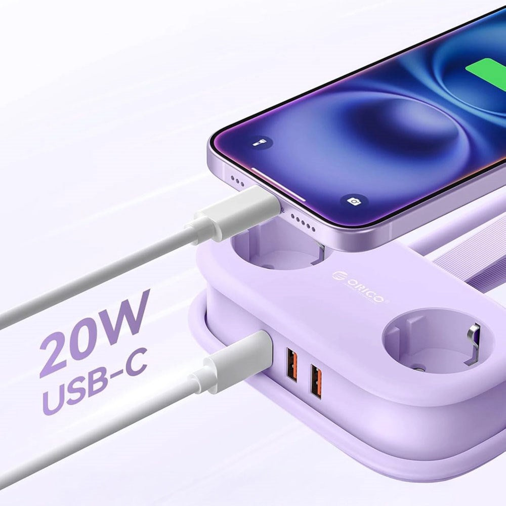 ORICO 20W 5-i-1 Strømskinne med 2 x Schuko 2 x USB-A 1 x USB-C - Lilla