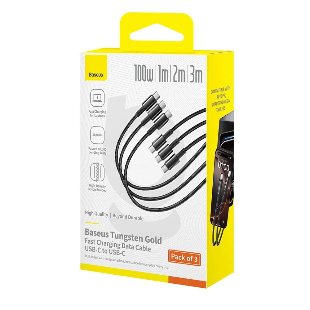 Baseus Tungsten Gold 100W USB-C til USB-C Kabel Sett - 1m / 2m / 3m - 3 stk - Svart