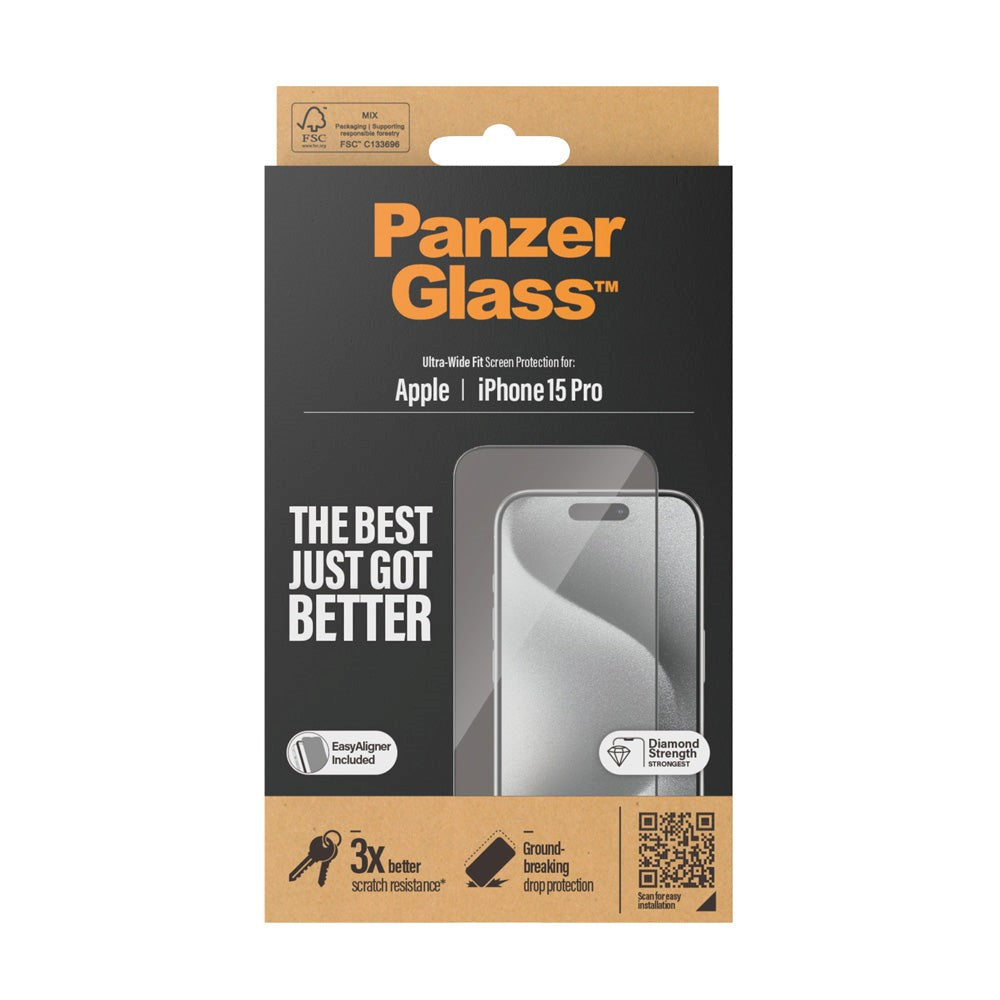 iPhone 15 Pro PanzerGlass Ultra Wide Fit Skjermbeskyttelse m. EasyAligner - Diamond Strength - Gjennomsiktig