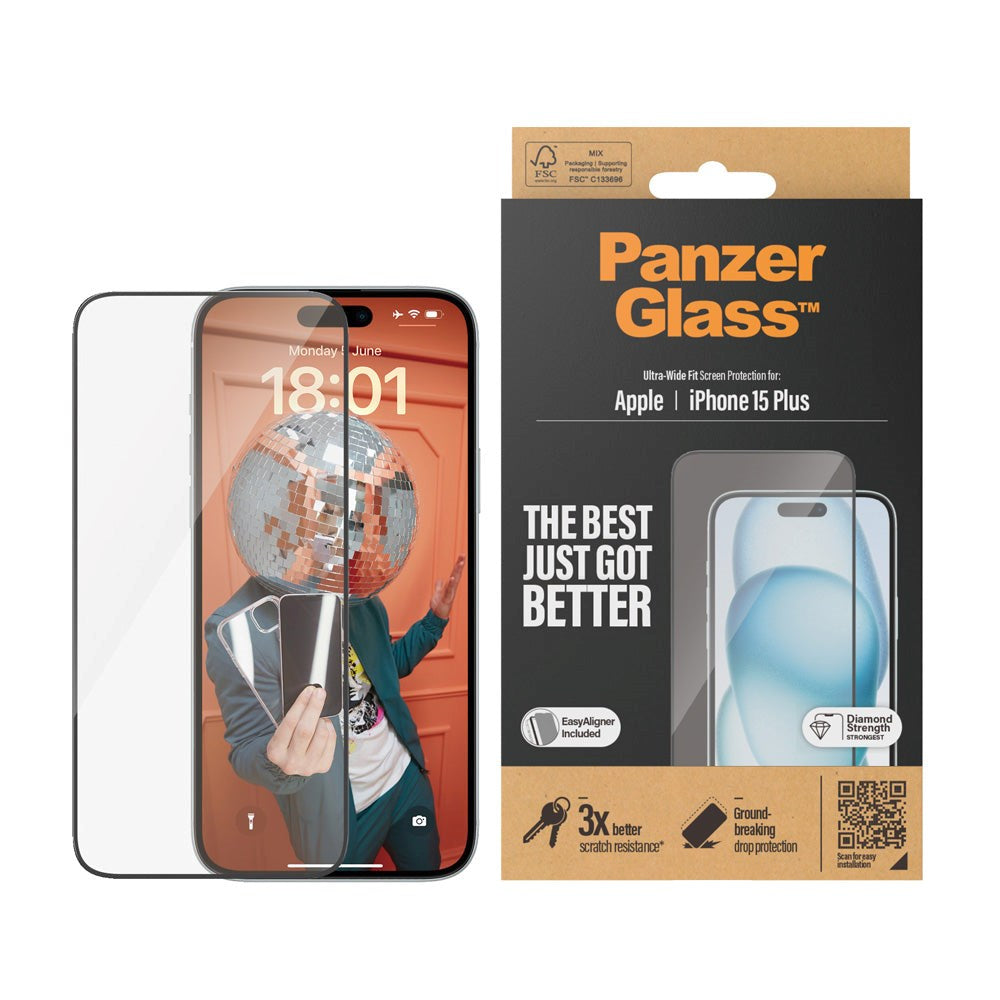iPhone 15 Plus / 16 Plus PanzerGlass Ultra Wide Fit Skjermbeskyttelse m. EasyAligner - Diamond Strength - Gjennomsiktig / Svart Kant