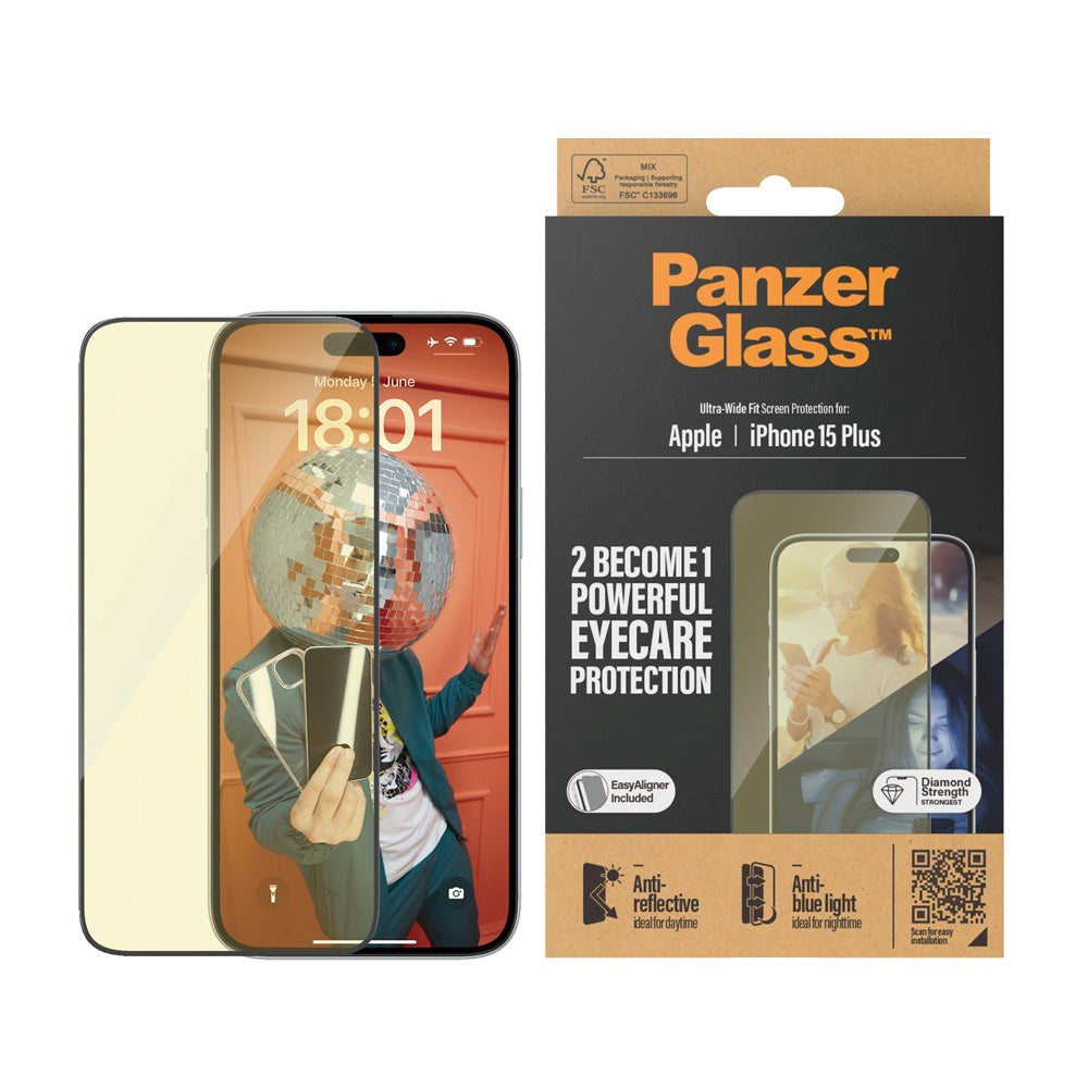 iPhone 15 Plus / 16 Plus PanzerGlass Ultra Wide Fit Skjermbeskyttelse m. EasyAligner - Anti-Reflective - Anti-Blue Light - Diamond Strength - Gjennomsiktig / Svart Kant