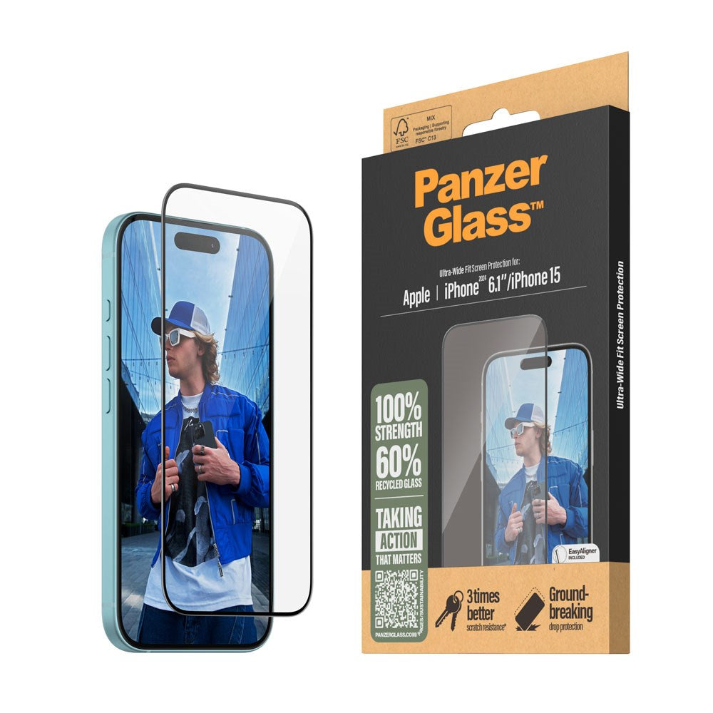 iPhone 15 / 16  PanzerGlass Ultra Wide Fit Skjermbeskyttelse m. EasyAligner - Diamond Strength - Gjennomsiktig / Svart Kant