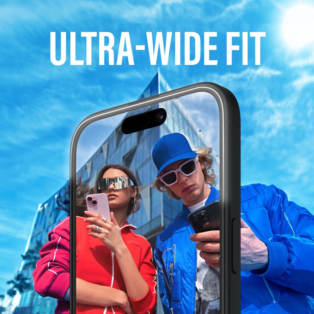 iPhone 15 Plus / 16 Plus PanzerGlass Ultra Wide Fit Skjermbeskyttelse m. EasyAligner - Diamond Strength - Gjennomsiktig / Svart Kant