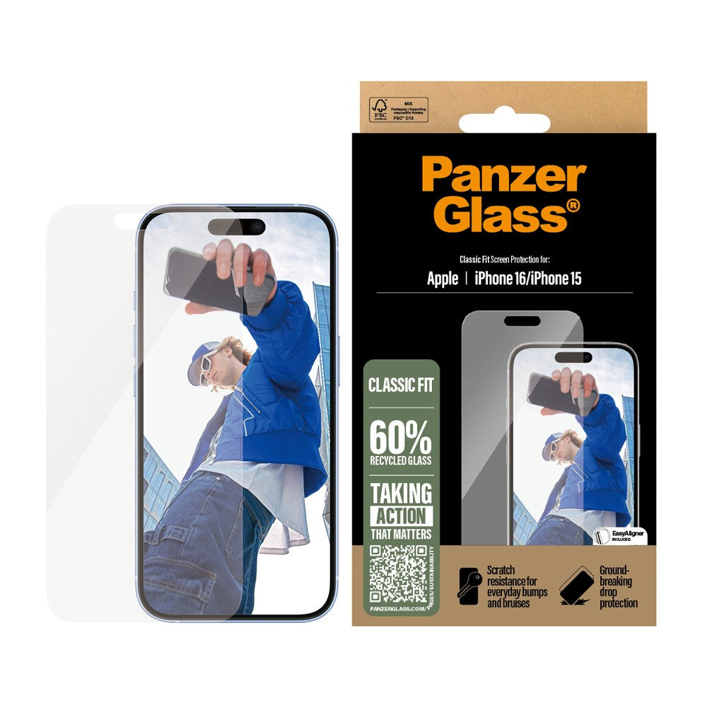 iPhone 15 / 16 PanzerGlass Classic Fit Skjermbeskyttelse m. EasyAligner - Platinum Strength - Gjennomsiktig