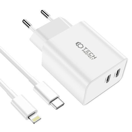 Tech-Protect 35W Vegglader med 2 x USB-C & Lightning-Kabel - Hvit
