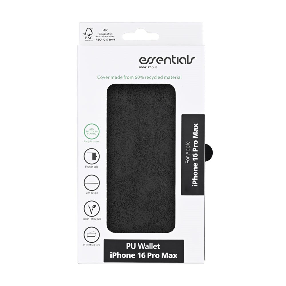 iPhone 16 Pro Max Essentials Kunstskinn Flip Deksel m. Kortholder & Stativfunksjon - Svart