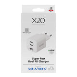 X2O 65W GaN Vegglader m. 2x USB-C & 1x USB-A - Hvit