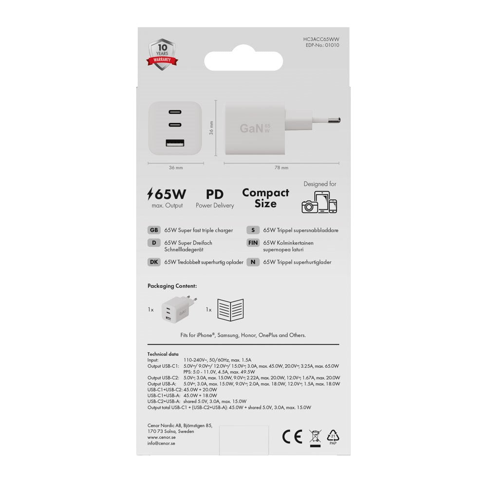 X2O 65W GaN Vegglader m. 2x USB-C & 1x USB-A - Hvit