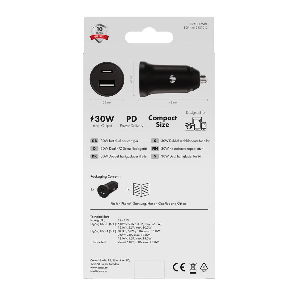 X2O 30W Dobbel Billader USB-A & USB-C - Svart