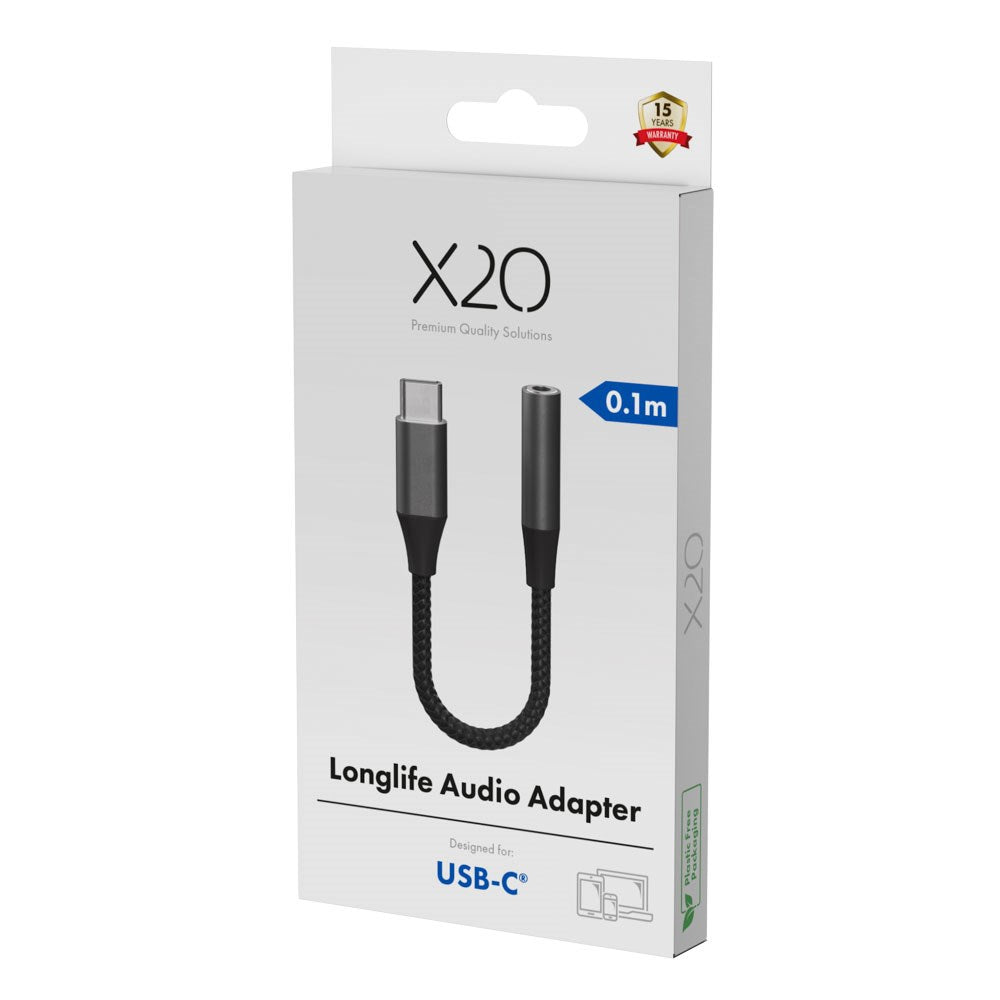 X2O Longlife USB-C til 3.5mm AUX Lyd Adapter - 0.1m - Svart