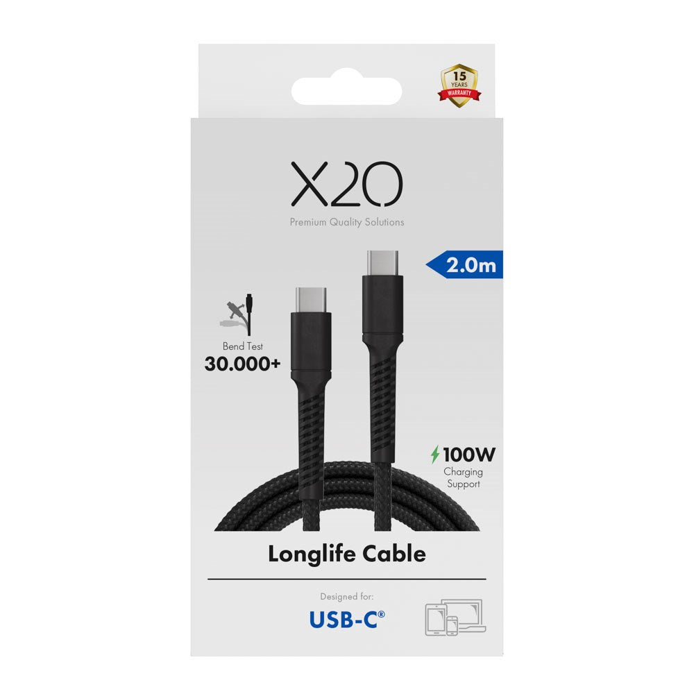 X2O Longlife 100W USB-C til USB-C Kabel - 2m - Svart