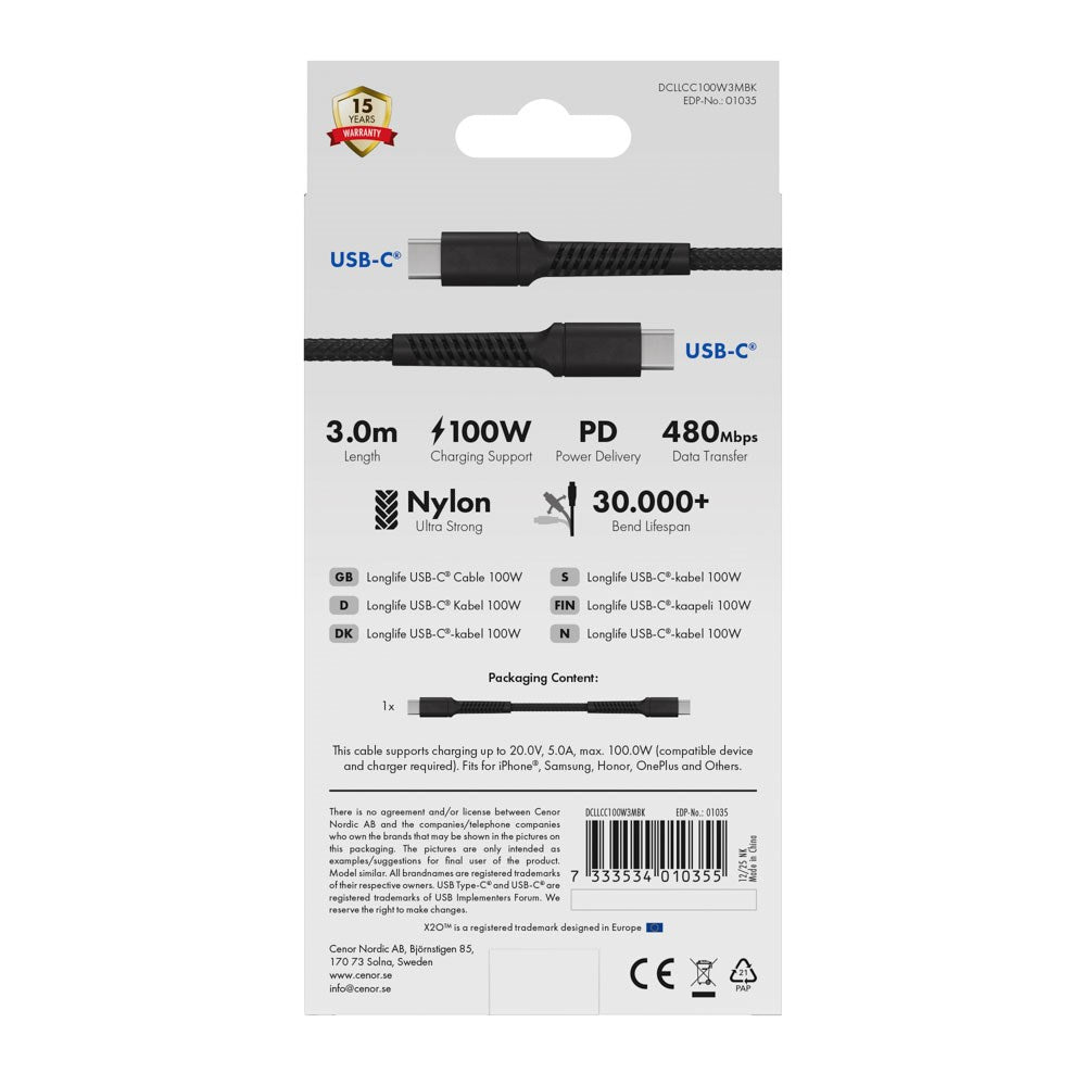 X2O Longlife 100W USB-C til USB-C Kabel - 3m - Svart