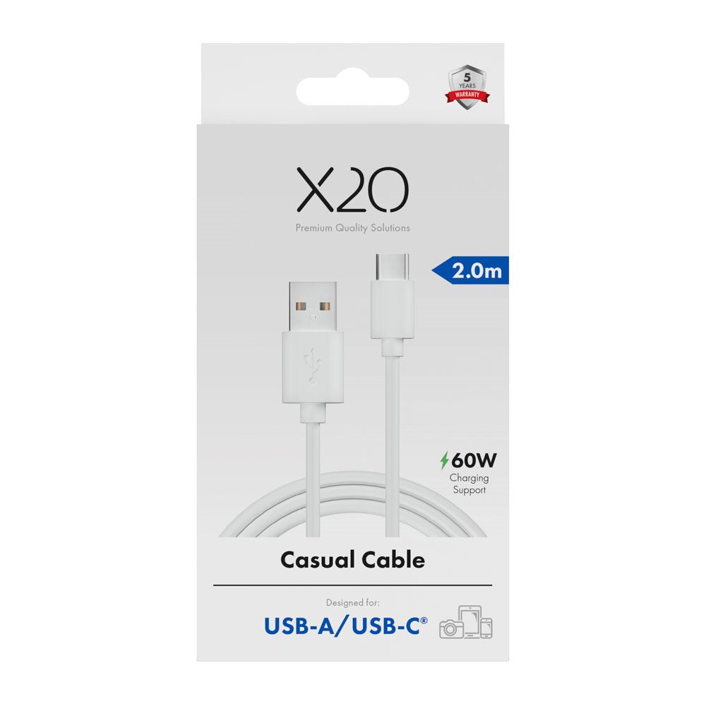 X2O Basic 60W USB-A til USB-C Kabel - 2m - Hvit