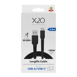 X2O Longlife 60W USB-A til USB-C Kabel - 2m - Svart