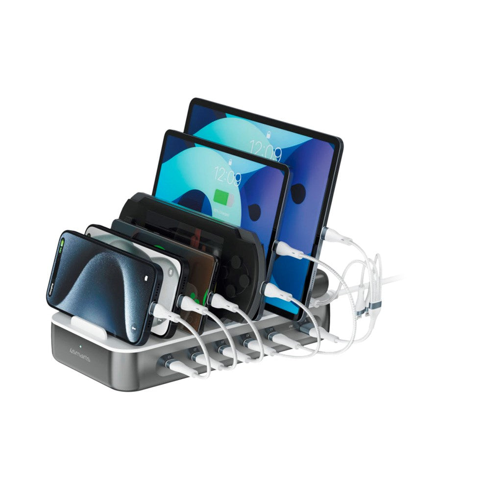4smarts Ladestasjon m. 9 Lademuligheter - 5x USB-C Kabel & 1x 4-i-2 Multikabel - 100W - Grå