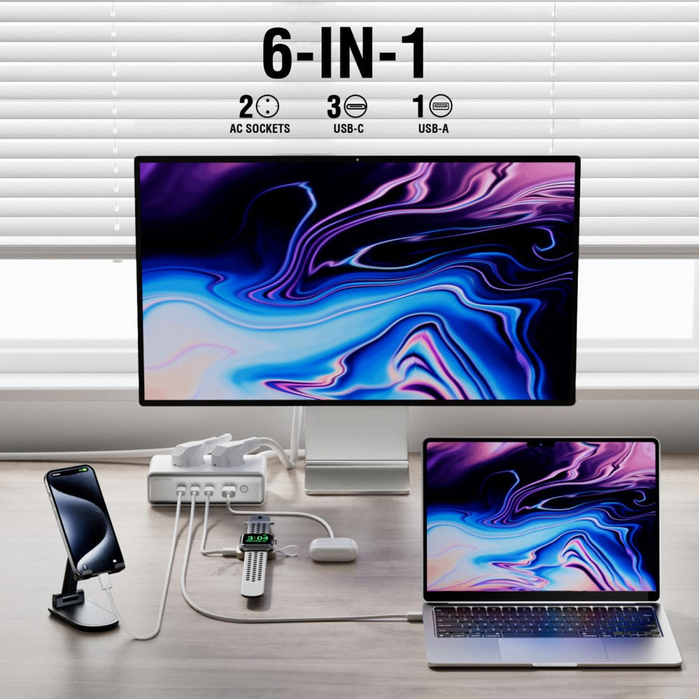 4smarts 6-i-1 Bordlader - 65W - 2x AC Plugg / 3x USB-C / 1x USB-A - Hvit