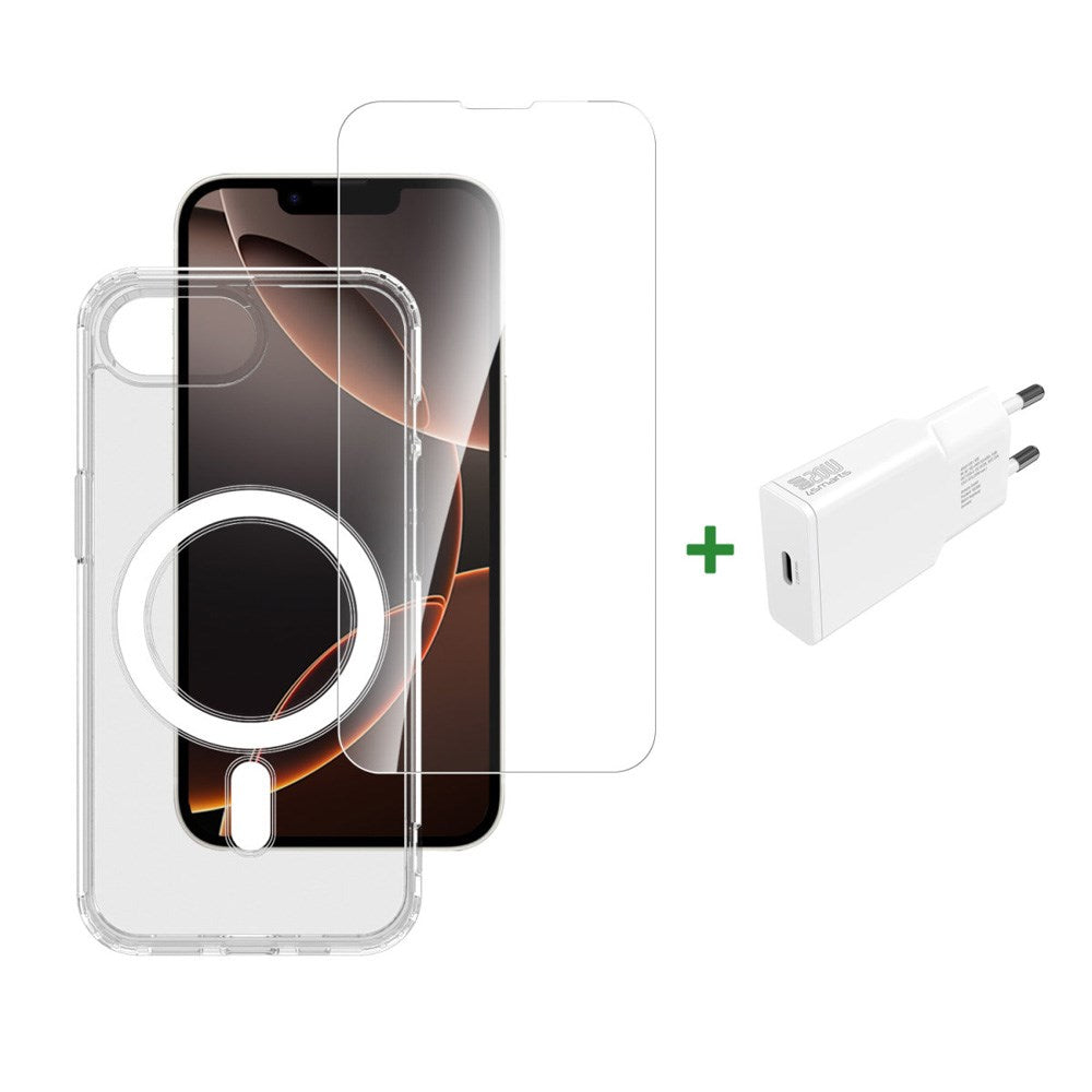 iPhone 17e / 16e 4smarts 3-i-1 Premium Starter Set - MagSafe Deksel, Skjermbeskyttelse & 20W Vegglader - Gjennomsiktig / Hvit